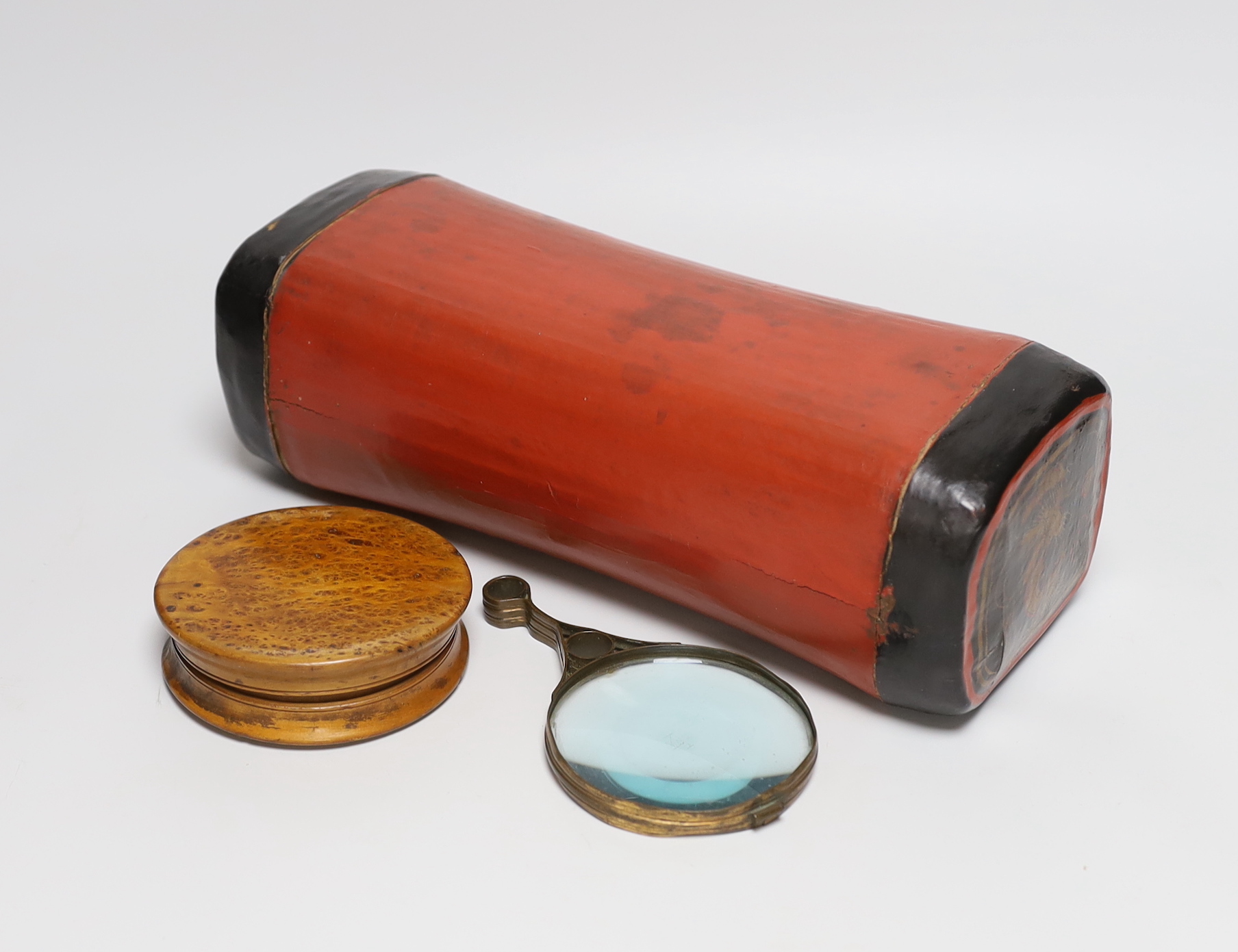 A 19th century burr walnut snuff box, 10.7cm and a gilt brass magnifying glass